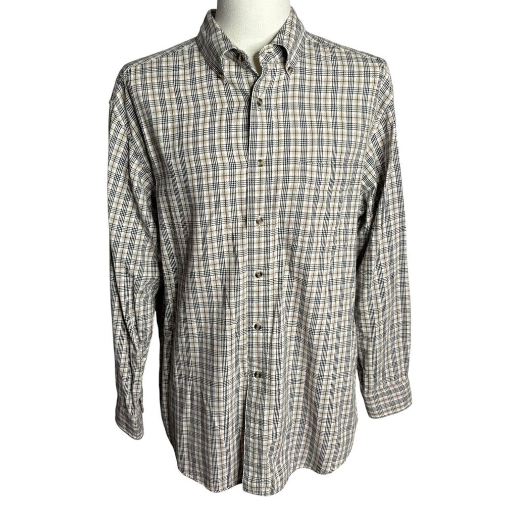 Covington Button Down Long Sleeve Shirt L Beige Black Plaid Pocket Cotton